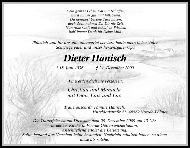  Traueranzeige für Dieter Hanisch vom 24.12.2009 aus Tageszeitung