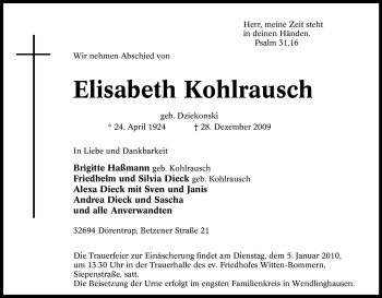 Traueranzeige von Elisabeth Kohlrausch von Tageszeitung
