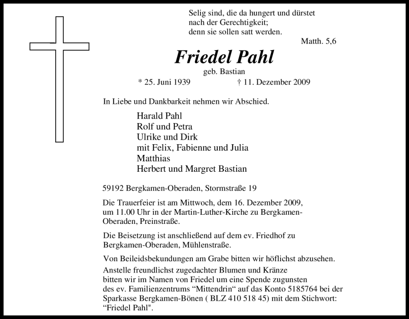 Traueranzeige für Friedel Pahl vom 14.12.2009 aus Tageszeitung