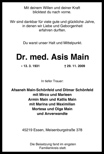 Traueranzeige von Asis Main von Tageszeitung