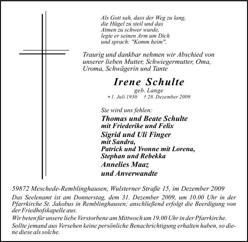  Traueranzeige für Irene Schulte vom 29.12.2009 aus Tageszeitung