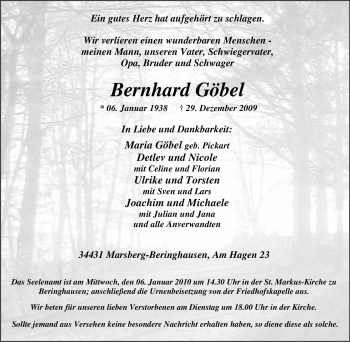Traueranzeige von Bernhard Göbel von Tageszeitung