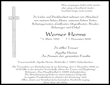 Traueranzeige von Werner Herms von Tageszeitung