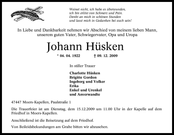 Traueranzeige von Johann Hüsken von Tageszeitung