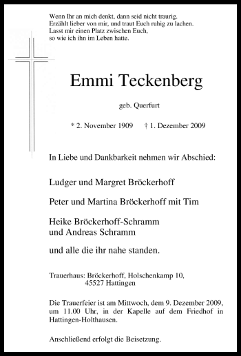 Traueranzeige von Emmi Teckenberg von Tageszeitung