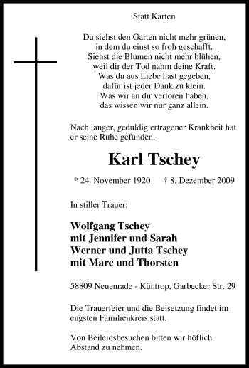 Traueranzeige von Karl Tschey von Tageszeitung