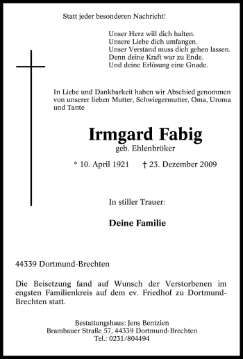 Traueranzeige von Irmgard Fabig von Tageszeitung