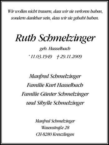 Traueranzeige von Ruth Schmelzinger von Tageszeitung