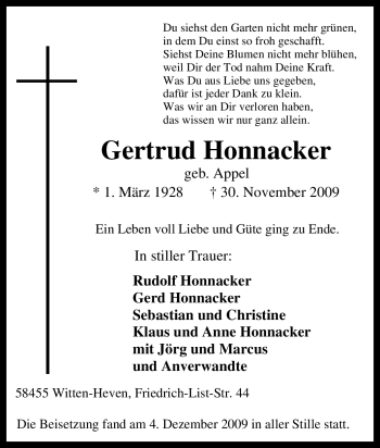 Traueranzeige von Gertrud Honnacker von Tageszeitung