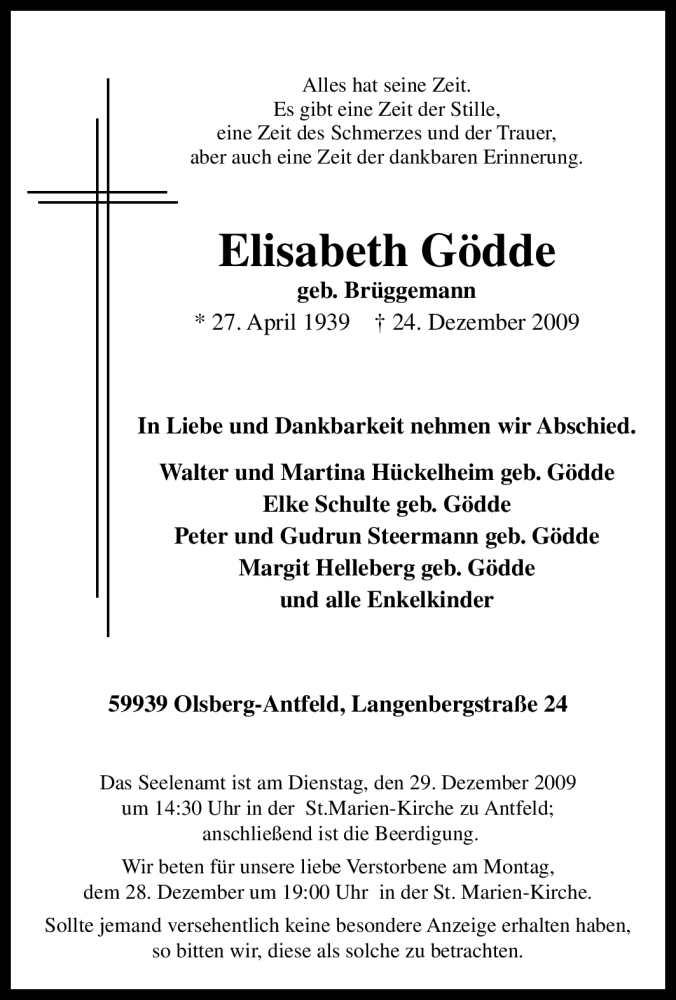  Traueranzeige für Elisabeth Gödde vom 28.12.2009 aus Tageszeitung