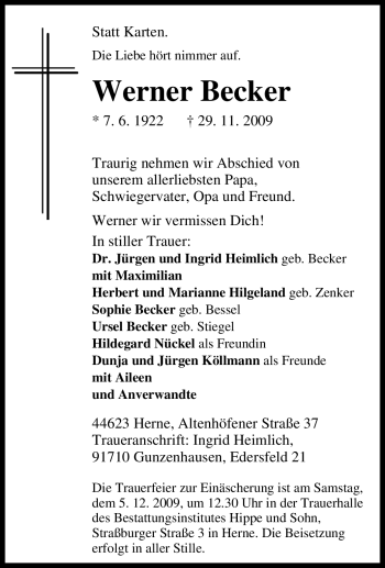 Traueranzeige von Werner Becker von Tageszeitung