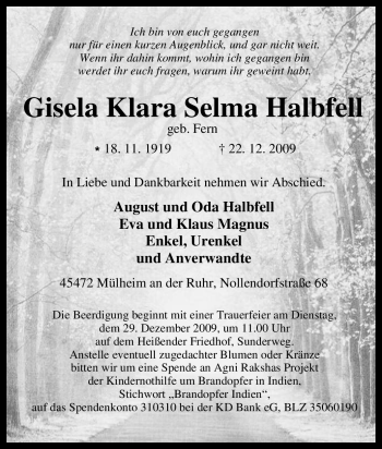 Traueranzeige von Gisela Klara Selma Halbfell von Tageszeitung