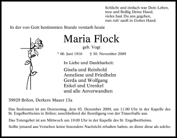 Traueranzeige von Maria Flock von Tageszeitung