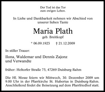 Traueranzeige von Maria Plath von Tageszeitung