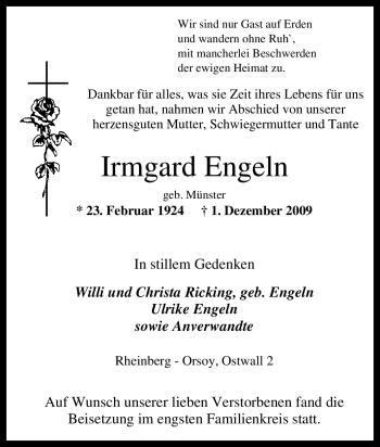 Traueranzeige von Irmgard Engeln von Tageszeitung