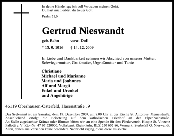 Traueranzeige von Gertrud Nieswandt von Tageszeitung