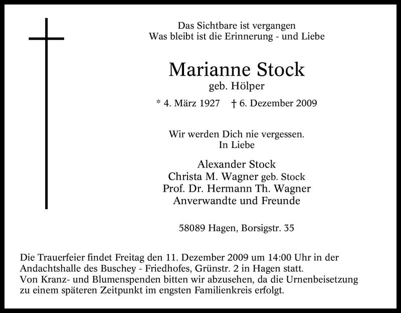  Traueranzeige für Marianne Stock vom 09.12.2009 aus Tageszeitung