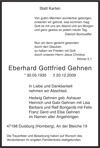 Traueranzeige von Eberhard Gottfried Unbekannt von Tageszeitung