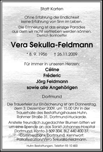 Traueranzeige von Vera Sekulla-Feldmann von Tageszeitung