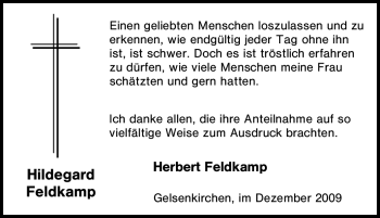 Traueranzeige von Hildegard Feldkamp von Tageszeitung