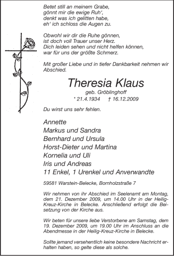 Traueranzeige von Theresia Klaus von Tageszeitung