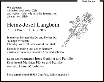 Traueranzeige von Heinz-Josef Langbein von Tageszeitung