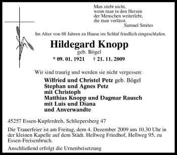 Traueranzeige von Hildegard Knopp von Tageszeitung