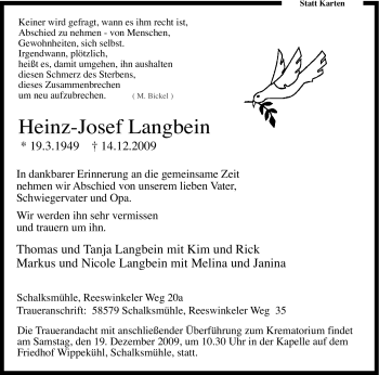 Traueranzeige von Heinz-Josef Langbein von Tageszeitung