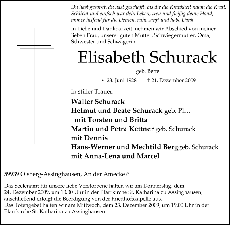  Traueranzeige für Elisabeth Schurack vom 22.12.2009 aus Tageszeitung