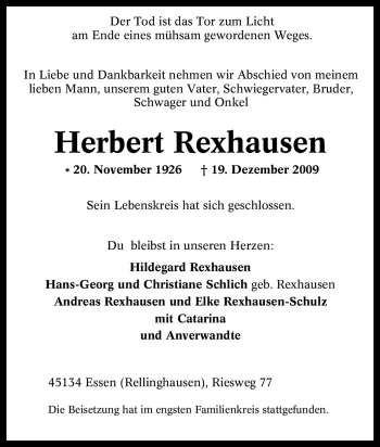 Traueranzeige von Herbert Rexhausen von Tageszeitung