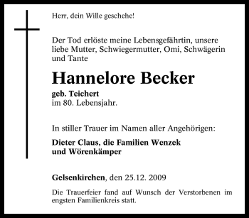 Traueranzeige von Hannelore Becker von Tageszeitung