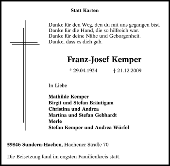 Traueranzeige von Franz-Josef Kemper von Tageszeitung