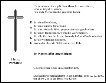 Traueranzeige von Heinz Porbatzki von Tageszeitung