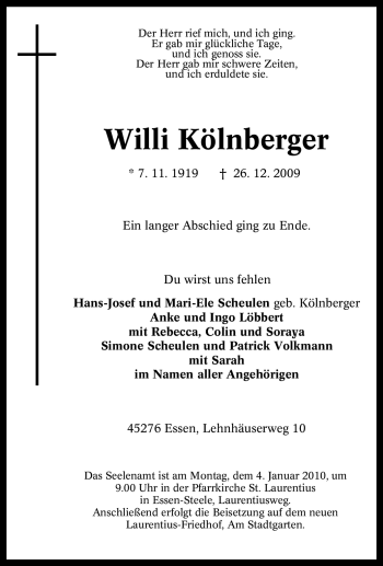 Traueranzeige von Willi Kölnberger von Tageszeitung