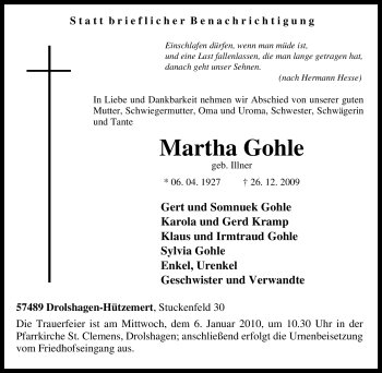 Traueranzeige von Martha Gohle von Tageszeitung