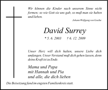 Traueranzeige von David Surrey von Tageszeitung