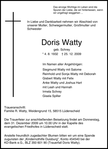 Traueranzeige von Doris Watty von Tageszeitung