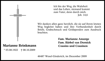 Traueranzeige von Marianne Brinkmann von Tageszeitung