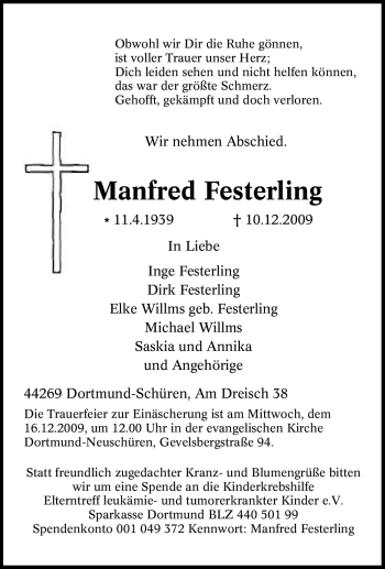 Traueranzeige von Manfred Festerling von Tageszeitung