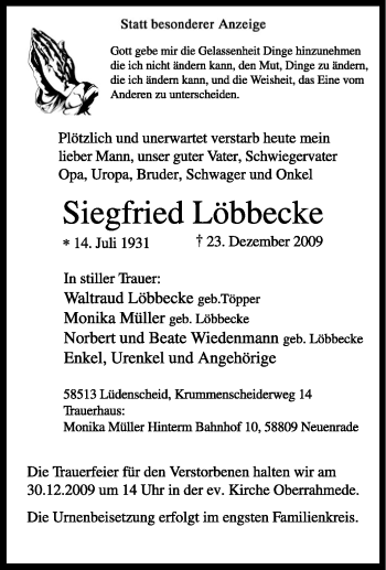 Traueranzeige von Siegfried Löbbecke von Tageszeitung