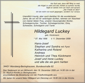 Traueranzeige von Hildegard Luckey von Tageszeitung