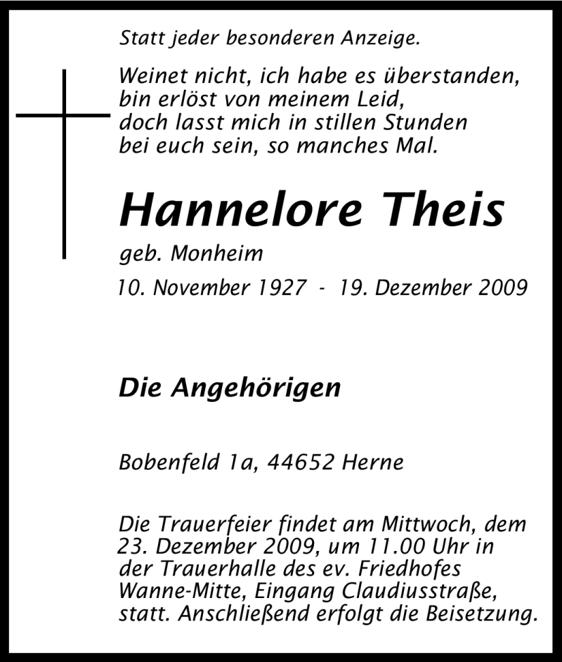  Traueranzeige für Hannelore Theis vom 22.12.2009 aus Tageszeitung