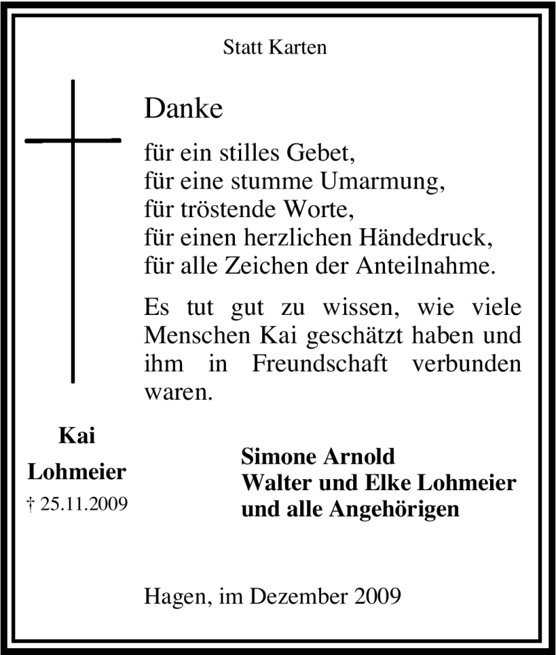  Traueranzeige für Kai Lohmeier vom 30.12.2009 aus Tageszeitung