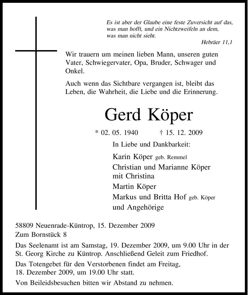  Traueranzeige für Gerd Köper vom 17.12.2009 aus Tageszeitung