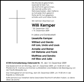 Traueranzeige von Willi Kemper von Tageszeitung