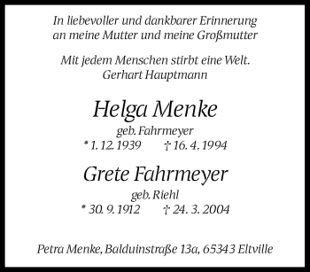 Traueranzeige von Grete Fahrmeyer von Tageszeitung