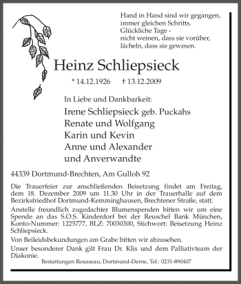 Traueranzeige von Heinz Schliepsieck von Tageszeitung