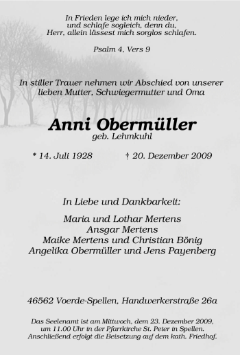 Traueranzeige von Anni Obermüller von Tageszeitung