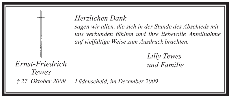  Traueranzeige für Ernst-Friedrich Tewes vom 05.12.2009 aus Tageszeitung