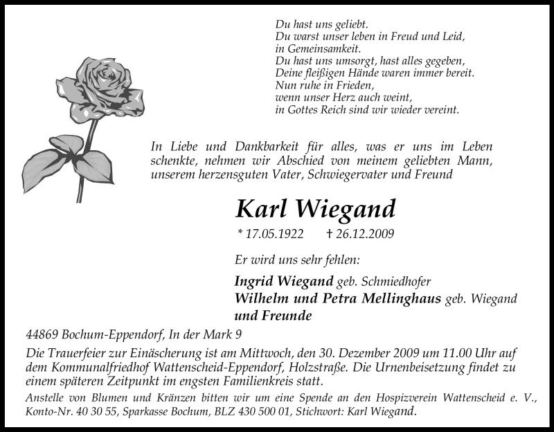  Traueranzeige für Karl Wiegand vom 28.12.2009 aus Tageszeitung